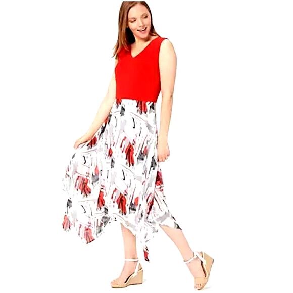 Truth + Style Regular Mix Media Chiffon Midi Dress - Women's Large, Red/Grey - Picture 2 of 9